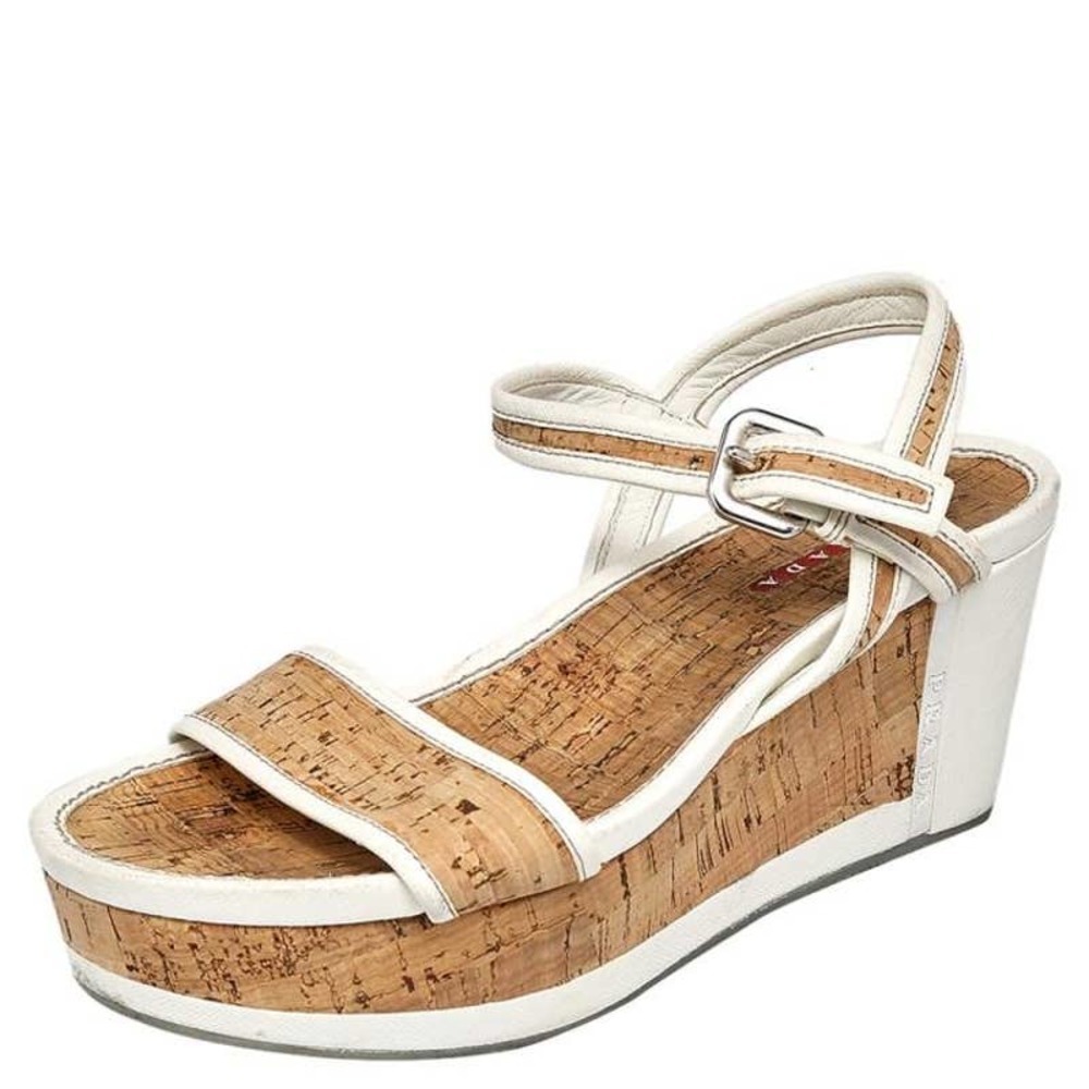 Prada Cork White Leather Platform Wedge Sandals